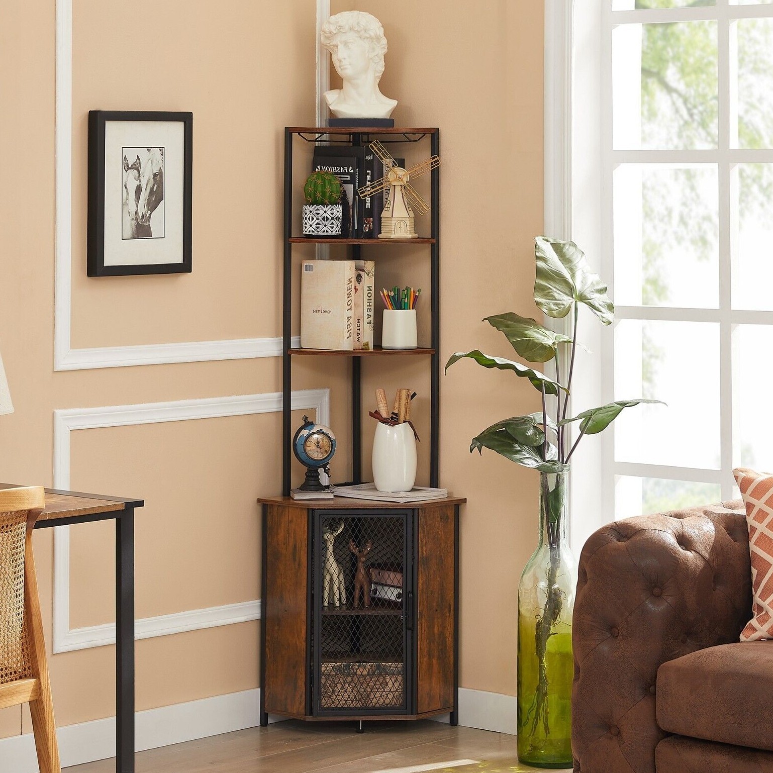 5-Tier Corner Shelf Tall Bookcase Storage Cabinet with Wine Rack Display Rack