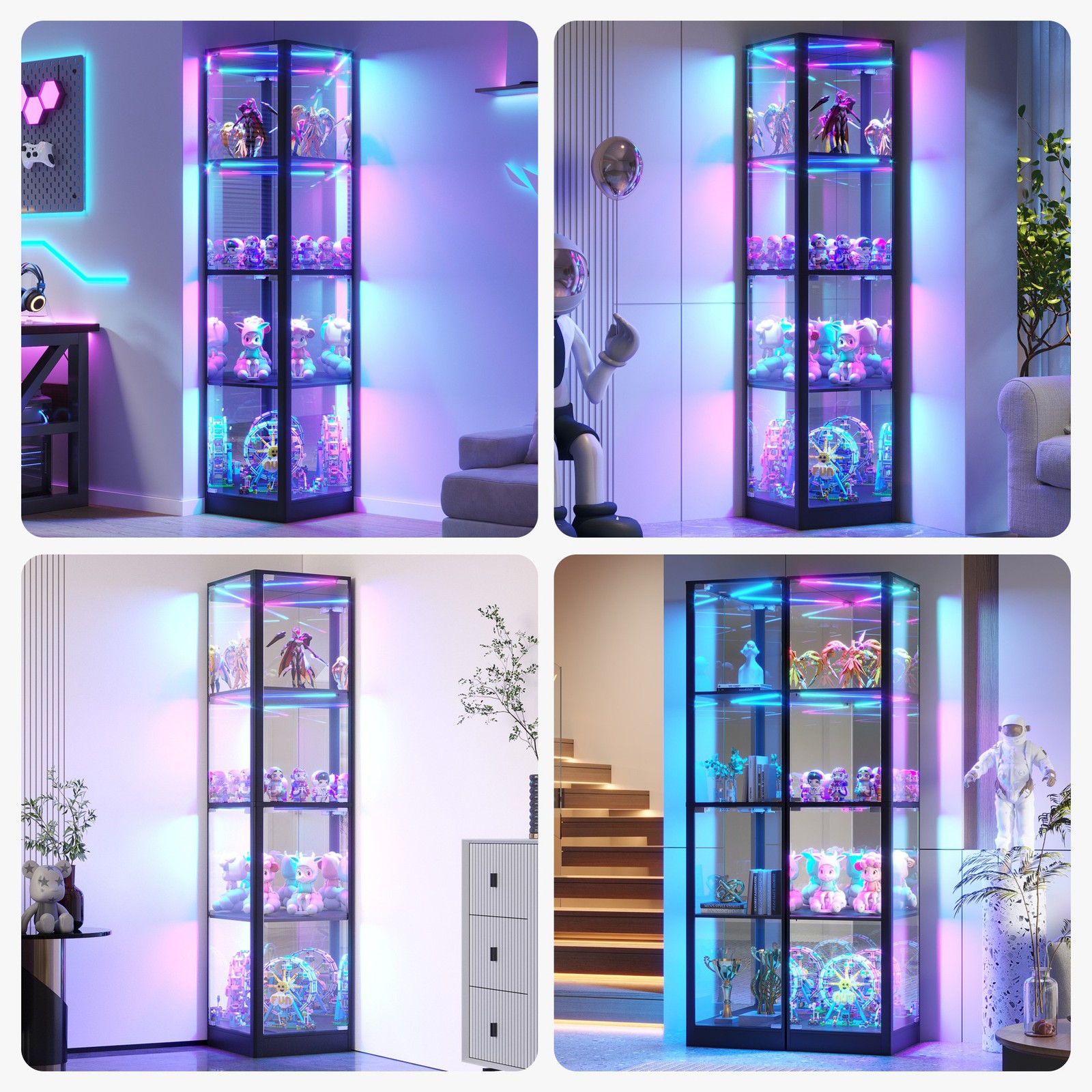 Gurexl Glass Curio Cabinet with RGB Lights, 4-Tier Display Case for Collectibles