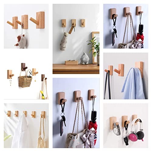 Adhesive Wall Hooks Hat Rack, Wooden Coat Hooks Wall 4Pack Rectangle-Beech