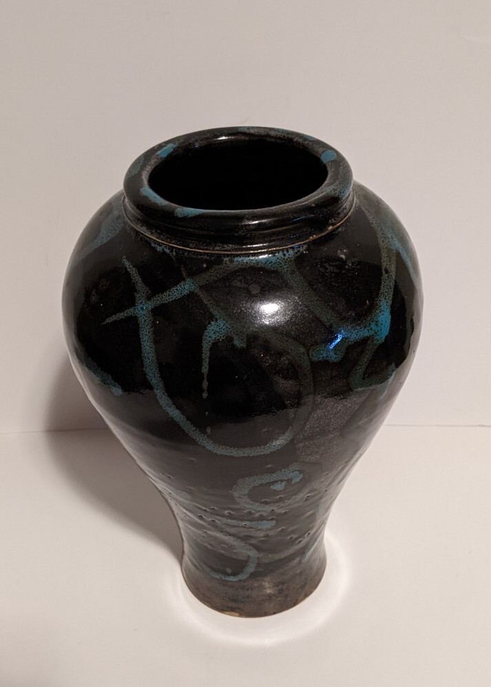 Studio Pottery Pot Vase Black Turquoise 10.5"