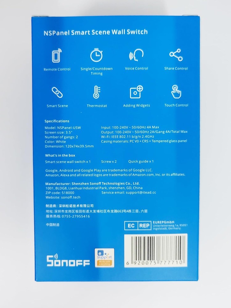 SONOFF NSPanel WiFi Smart Wall Light Switch Touchscreen Smart Home Control Panel