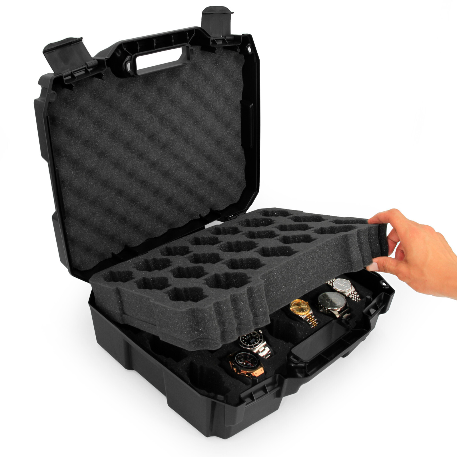 CM Watch Box Display Case Fits 42 Watches in Custom Foam, Travel Watch Case Only