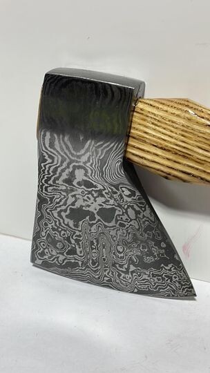 Custom Connie Bay pattern damascus throwing hatchet with sheath!