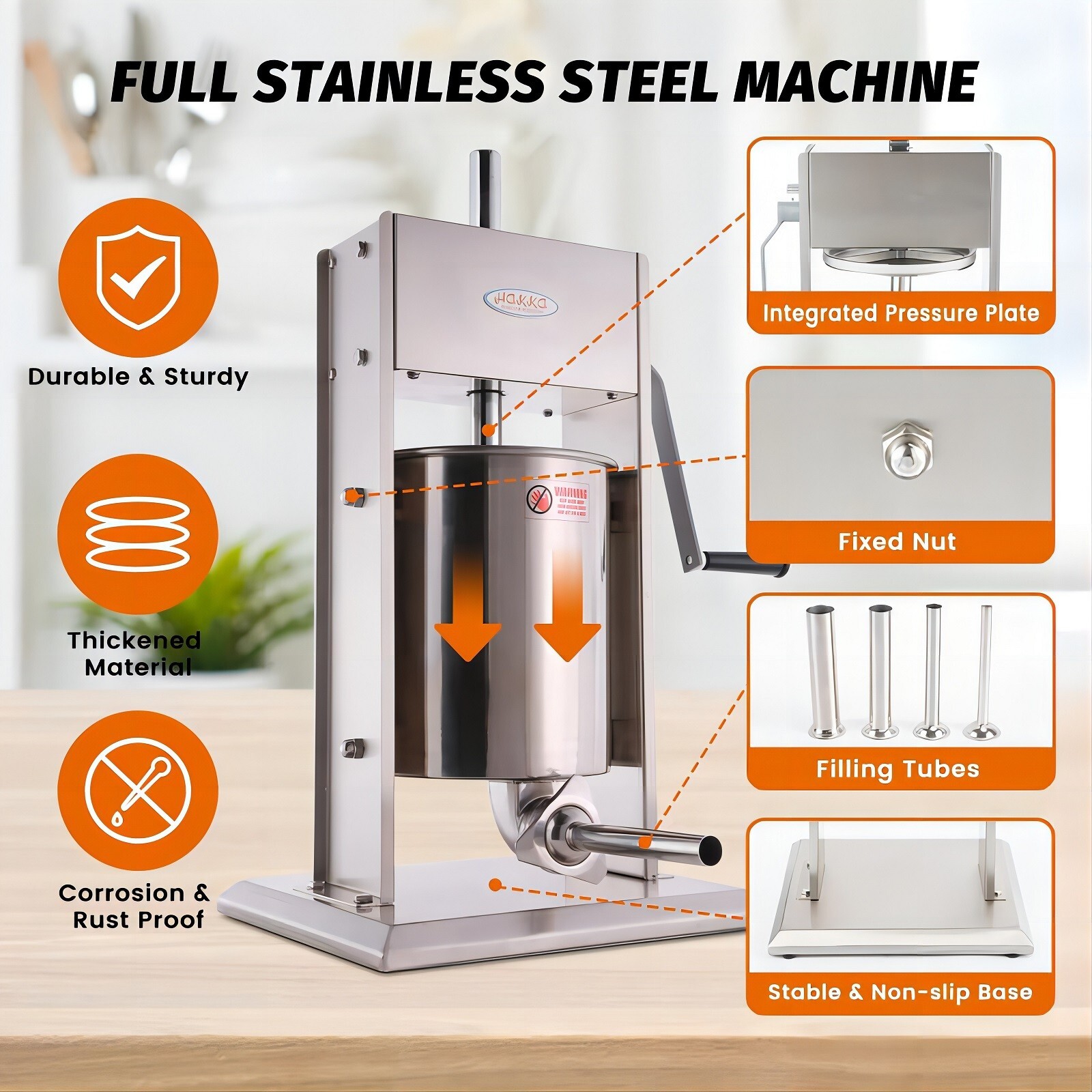 Hakka Vertical Sausage Stuffer 32LB 15L Manual Stainless Steel Meat Filler Maker