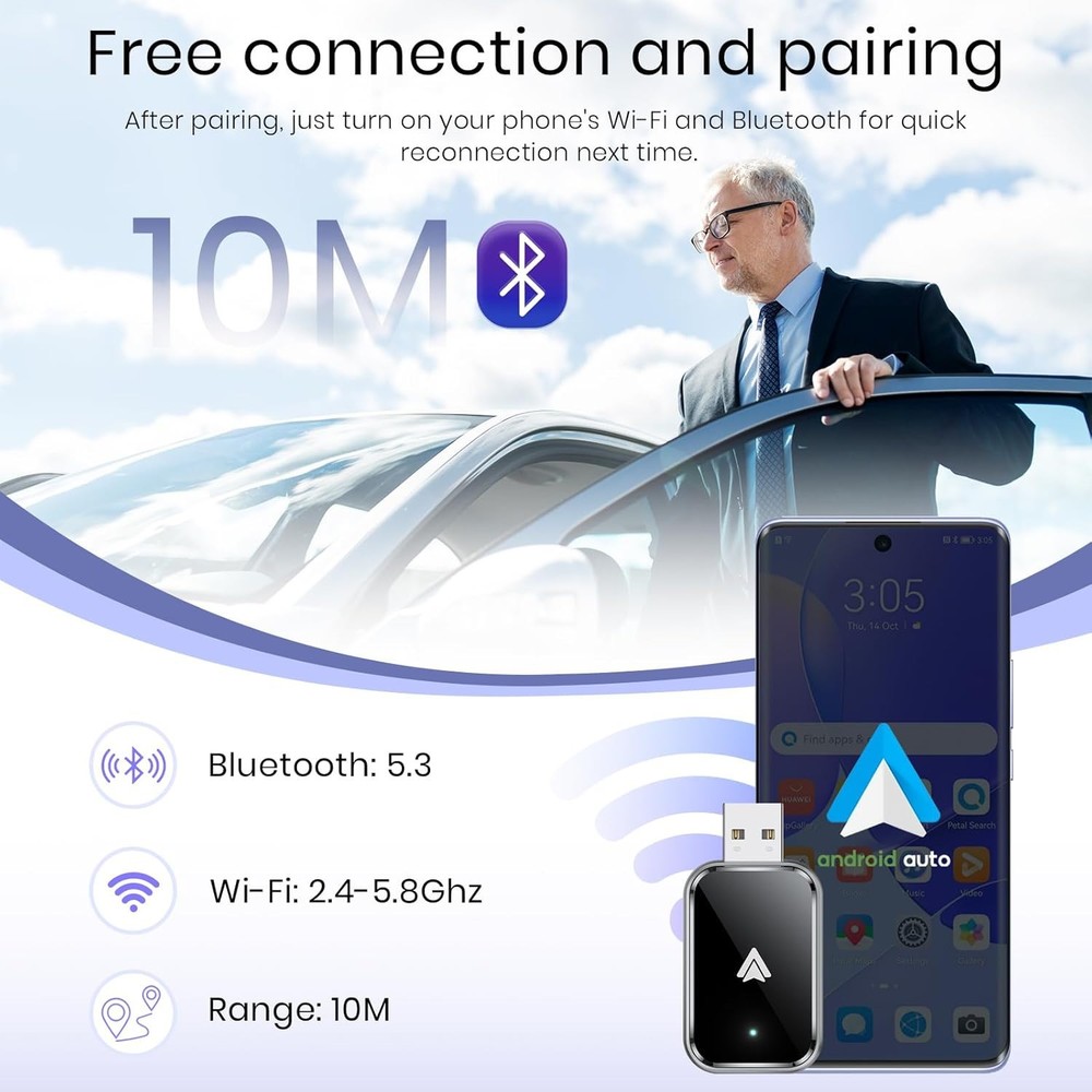 Wireless Android Auto Adapter for Android, Convert Wired to Wireless, Mini Size