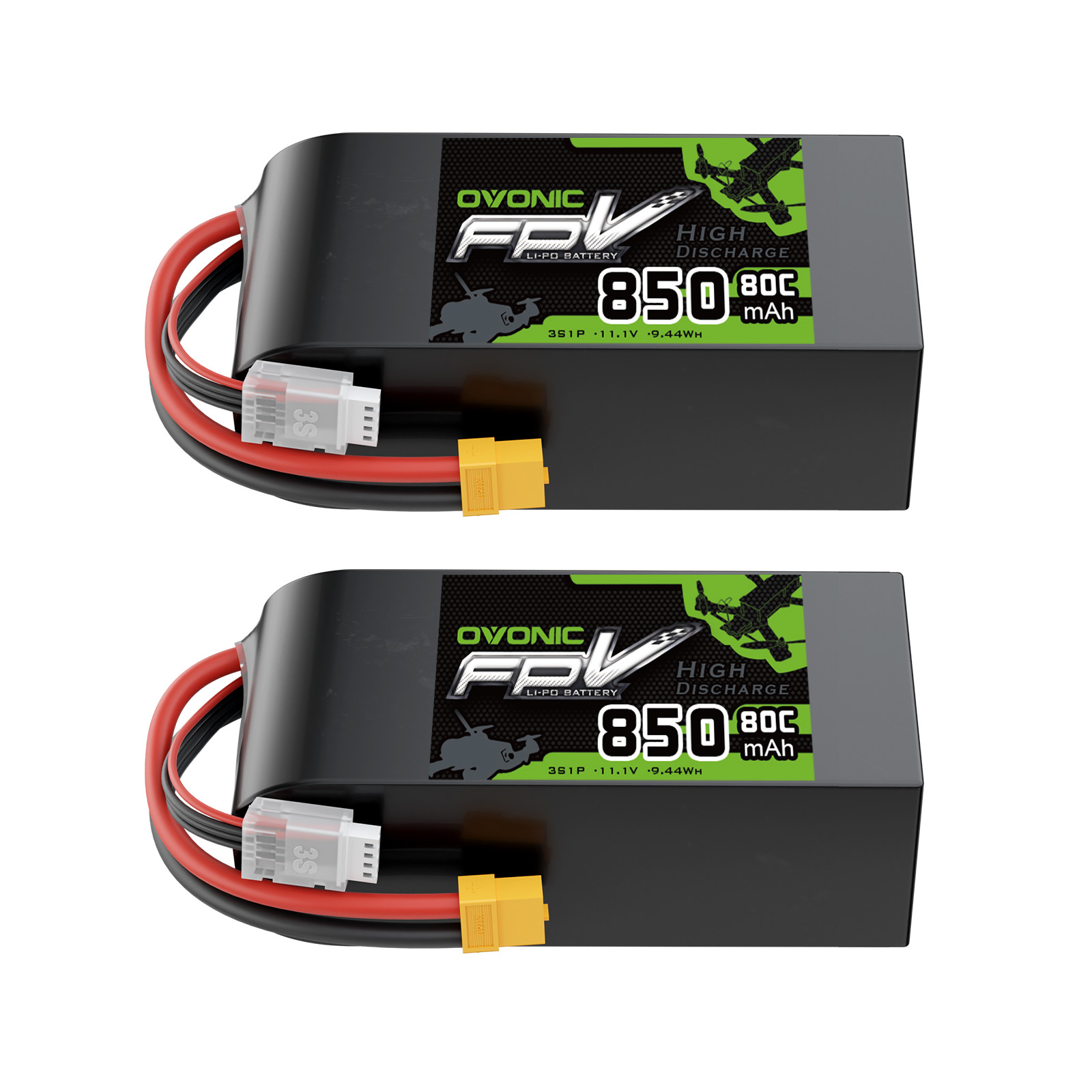 2X OVONIC 11.1V 80C 3S 850mAh Lipo Battery XT60 for Drone FPV Quad crawler