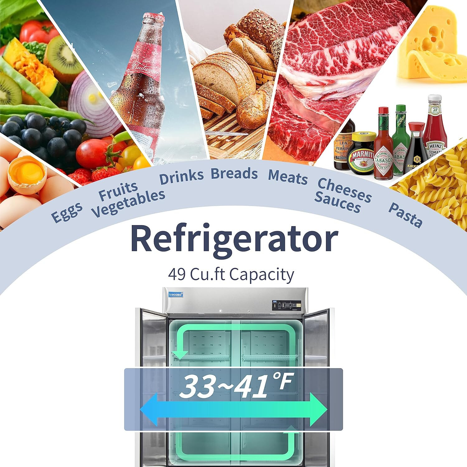 54" Commercial Refrigerator, ICECASA 2 Door Commercial Reach-In Cooler 49 Cu.ft