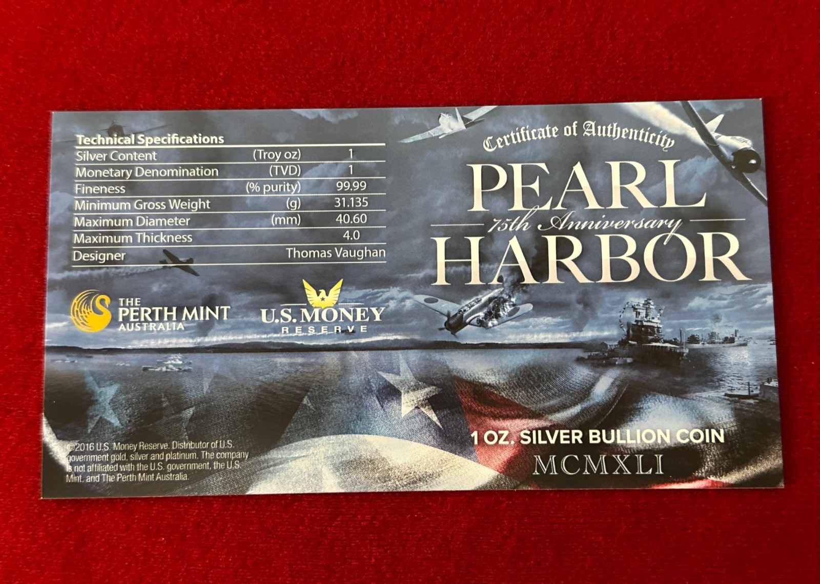 2016 1 Troy OZ .9999 Silver Tuvalu “PEARL HARBOR COIN” w/ 24K Gilding by SFS