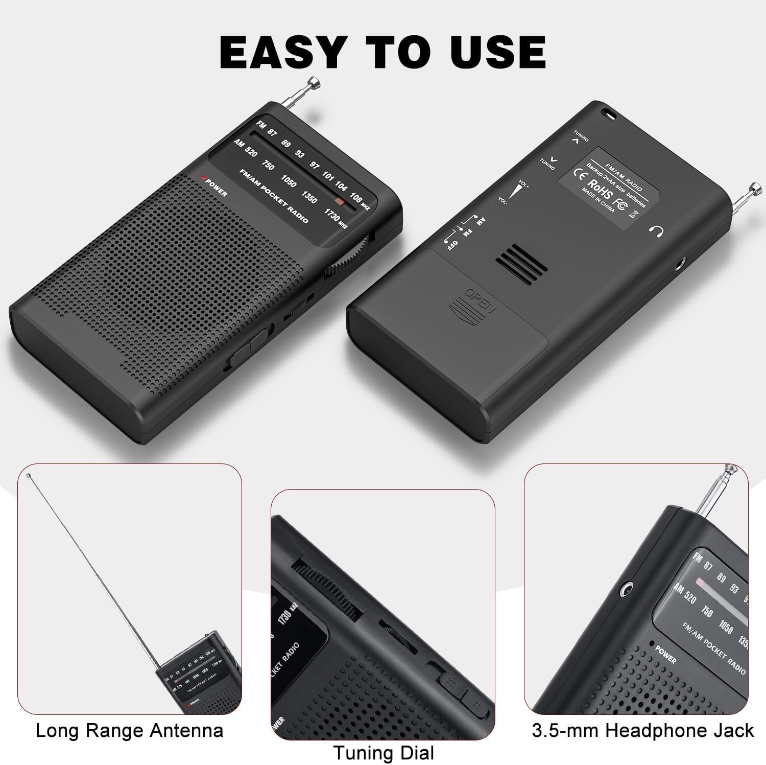 Small Radios Portable AM FM Transistor radios 2AA Battery Operated with Black