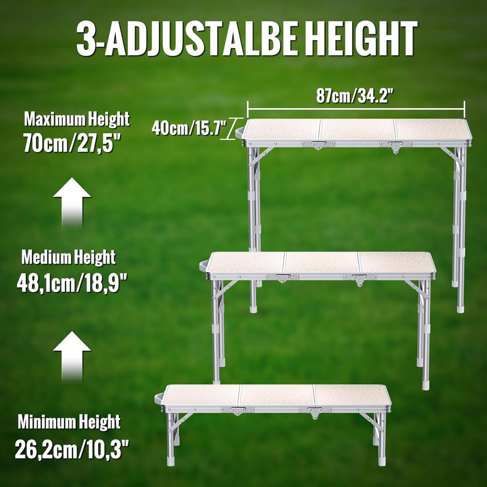 Folding Table for Camping, 3-Adjustable Height Lightweight Folding Picnic Table