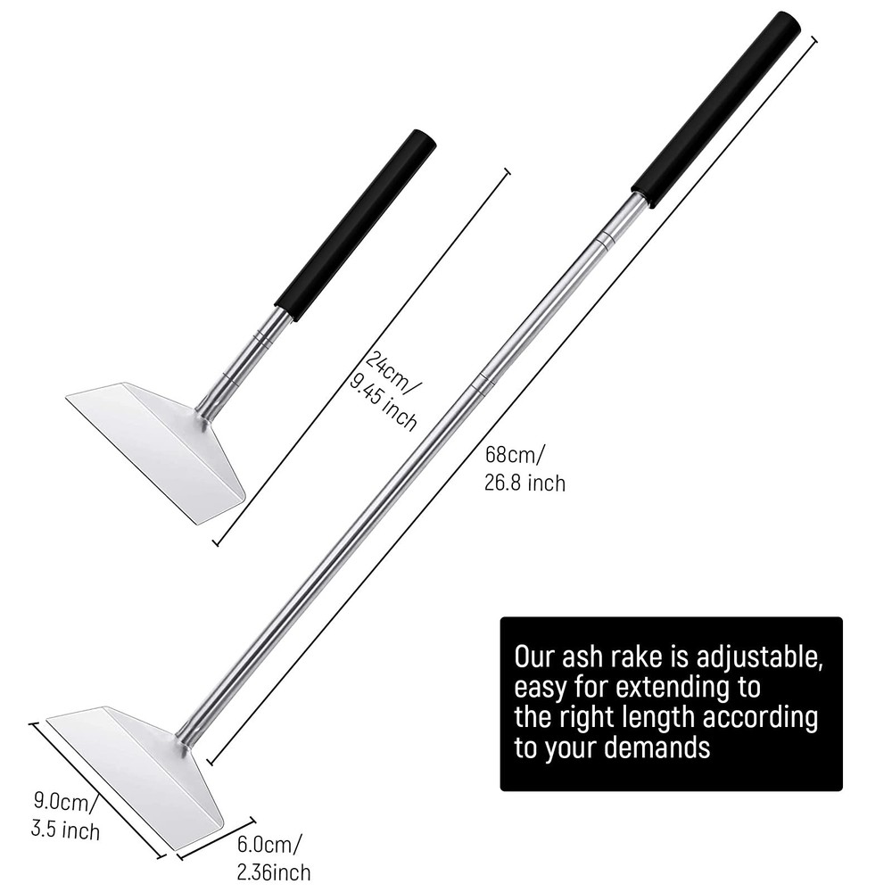 Jakeei 26.8 Extendable BBQ Ash Tool Stainless Steel Charcoal Rake Silver