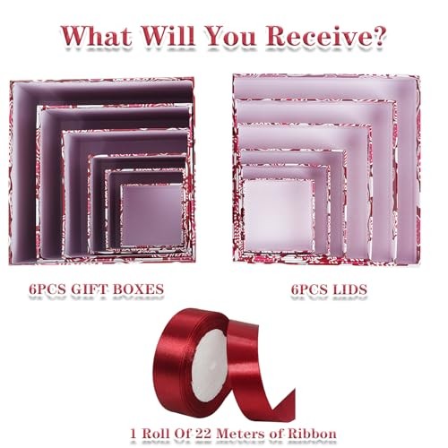 6PCS Valentine's Day Nesting Gift Boxes with Lid, Square Gift Boxes 6PCS Red