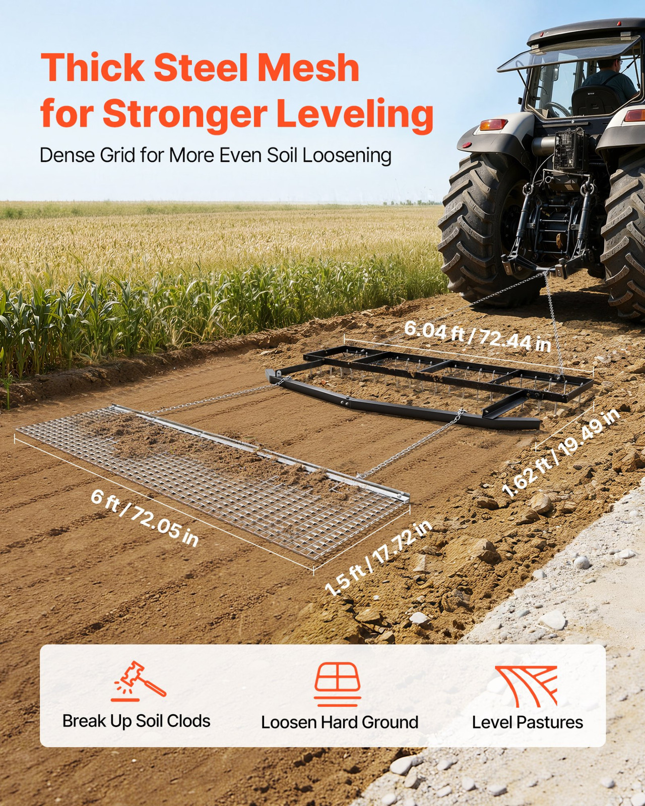 6FT Drag Harrow Tow Behind Driveway Grader Chain Harrow ATV Tractor