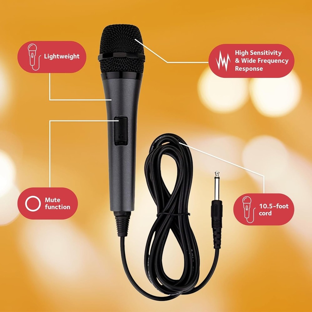 Wired Black Karaoke Microphone - Unidirectional Dynamic 10ft Cord, Mute Function