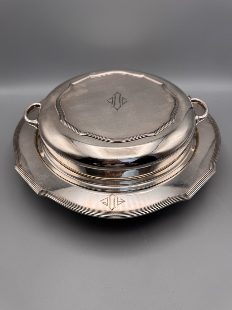 Silverplate Divided Lidded Server Monogrammed Deco Style 12.5”