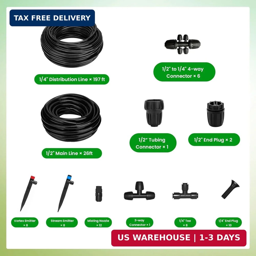 223FT Drip Irrigation Kit, Drip Irrigation System Kit with Adjustable Misting No