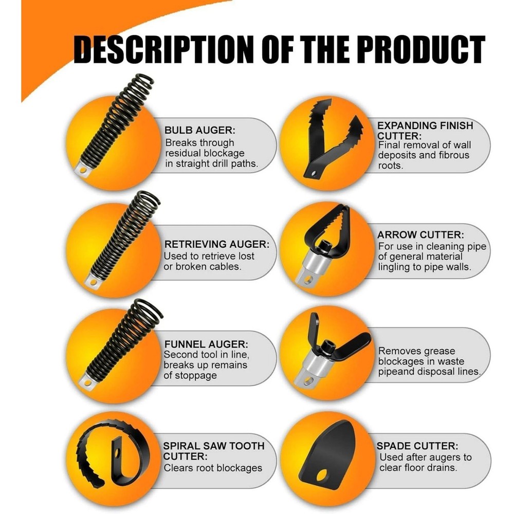 8PCS Drain Drill Attachments, Multi-Function Cutter Heads for Snake Machines