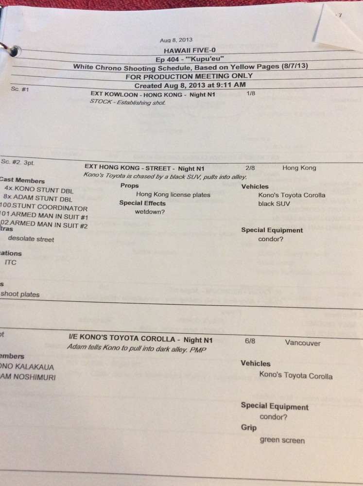 HAWAII FIVE-O ORIGINAL SCRIPT 404 SCHEDULE TECH 2013 KUPU' EU DANIEL DAE KIM