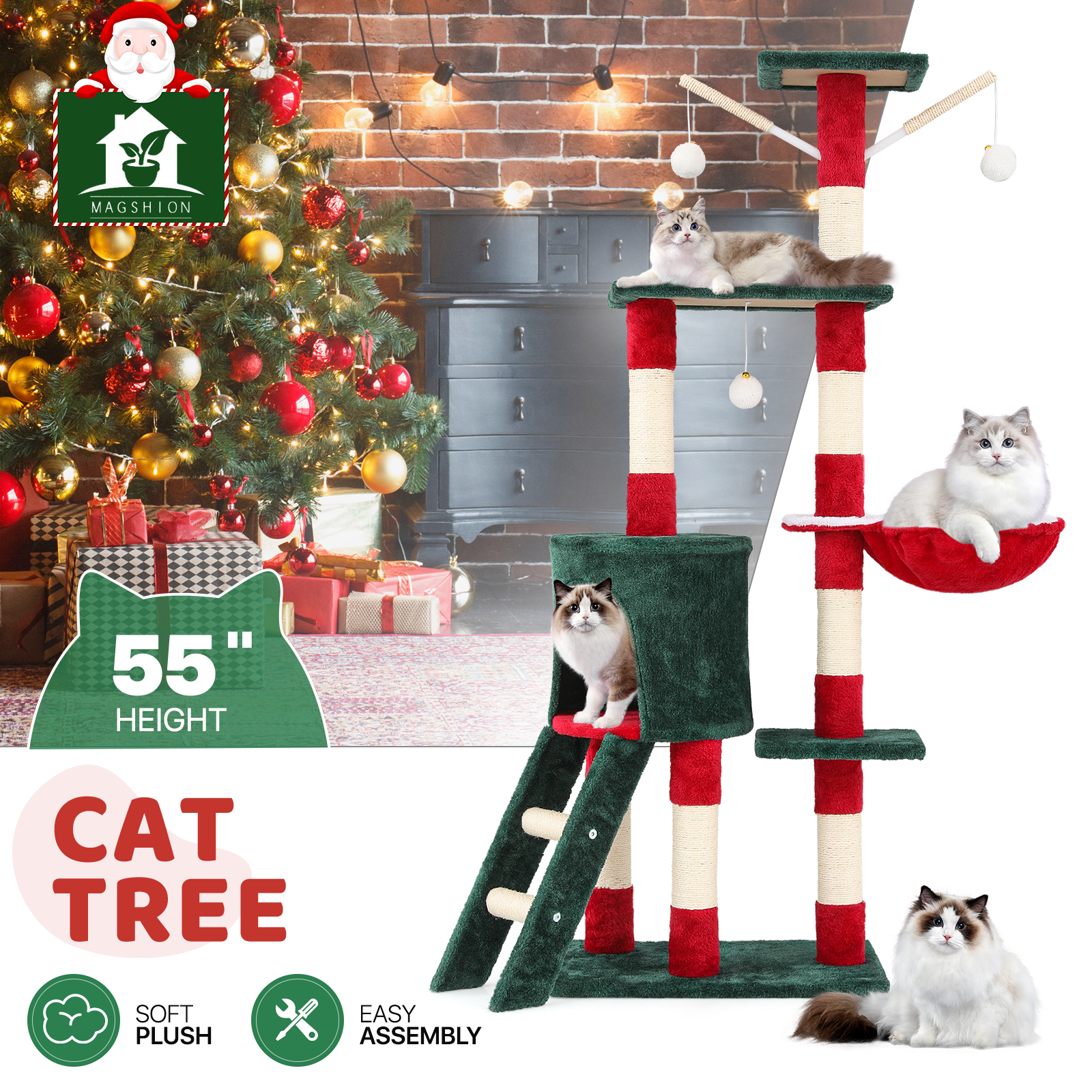 55 Inch Indoor Christmas Cat Tree Cat Tower Cat Crawl Cat Nest Party Xmas Décor