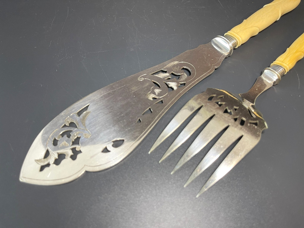 Antique Victorian Silver Plate Serving Fish Knife & Fork Set