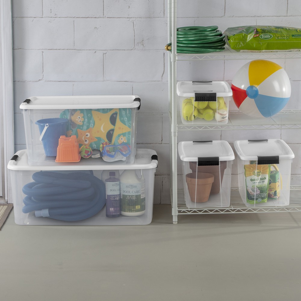 Sterilite 70 Qt Clear Plastic Stackable Storage Bin w/ White Latch Lid, 16 Pack