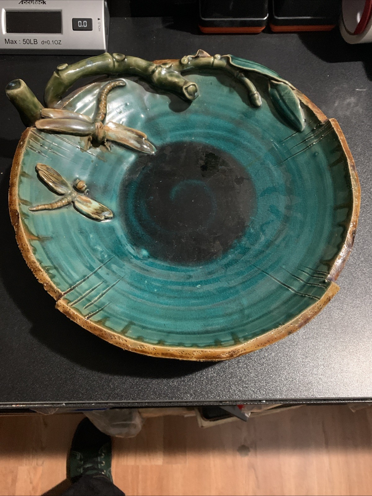 Vintage Mission Style Pottery Dragonfly Collectable Art Pottery Green Bowl 11"