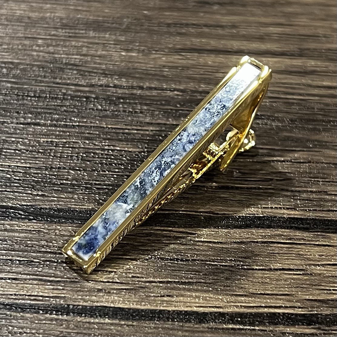 Gold Border Sodalite Stone Tie Clip Men Birthday Wedding Gift Tie Bar