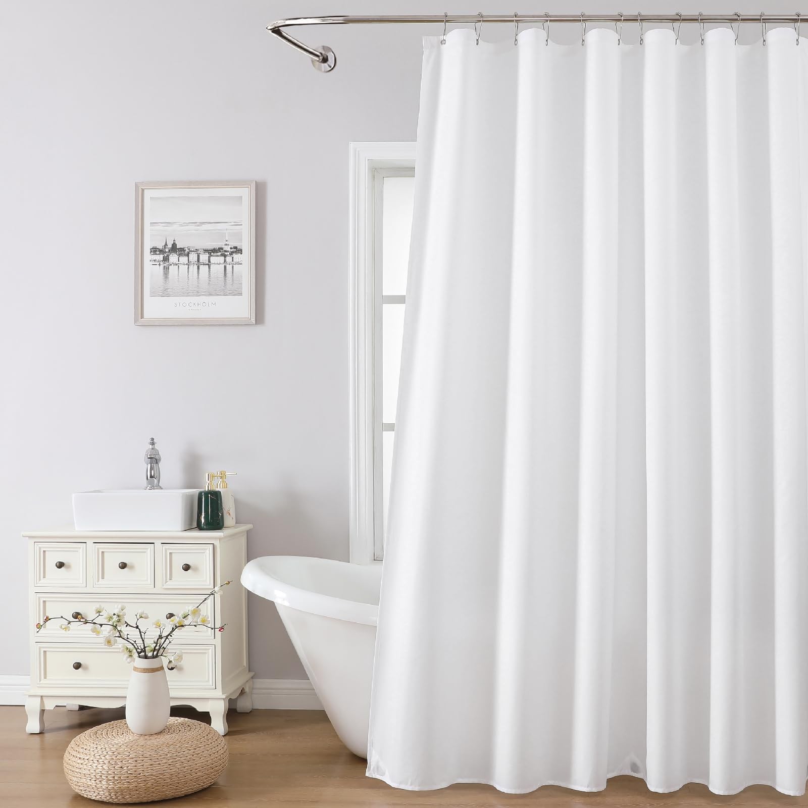Fabric Shower Curtain Liner Solid White Hotel Quality Mildew Resistant Washable