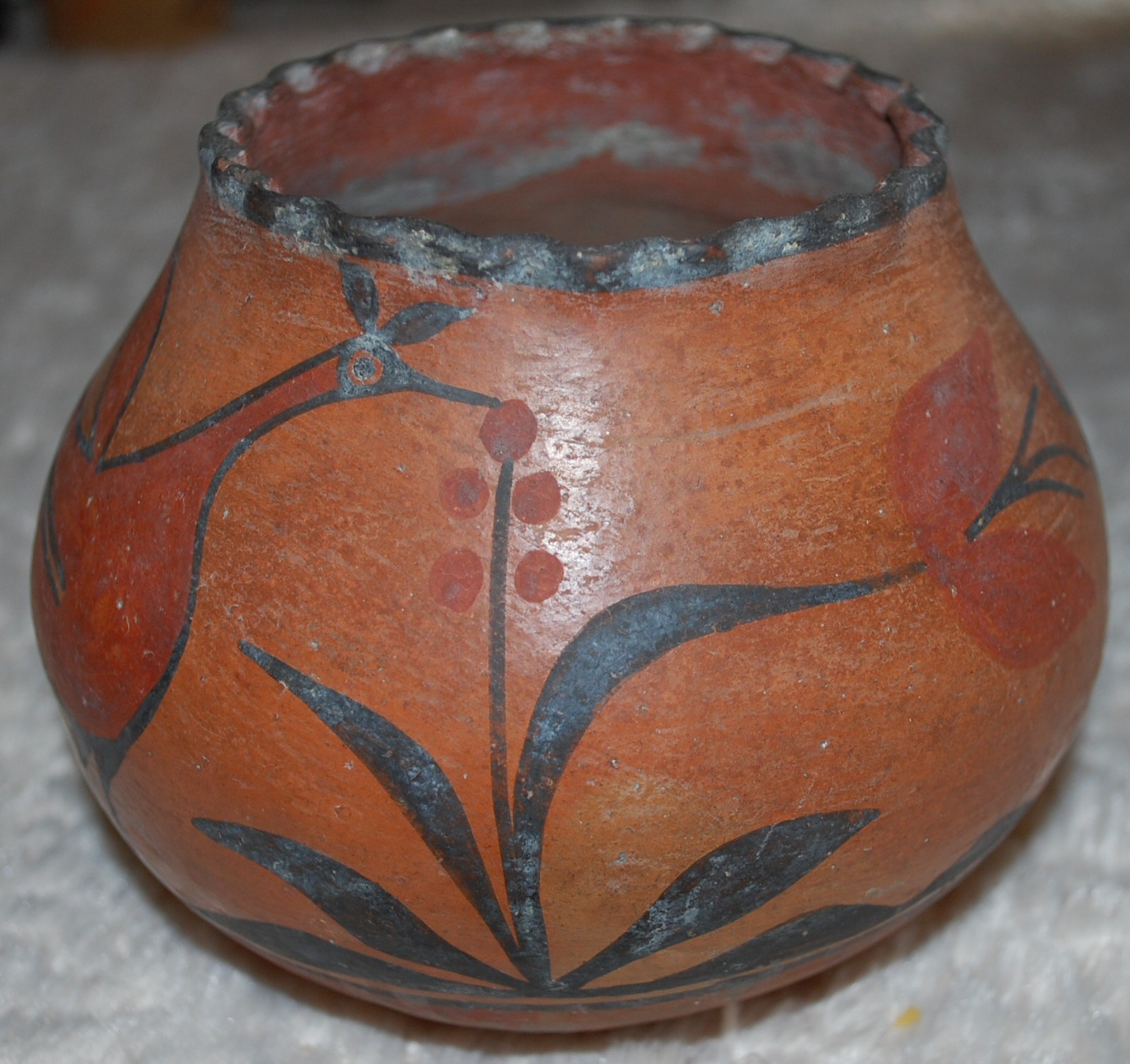Early 1900-1920 Zia Pottery Jar with Bird and Flower figures- 6" diameter -Solid