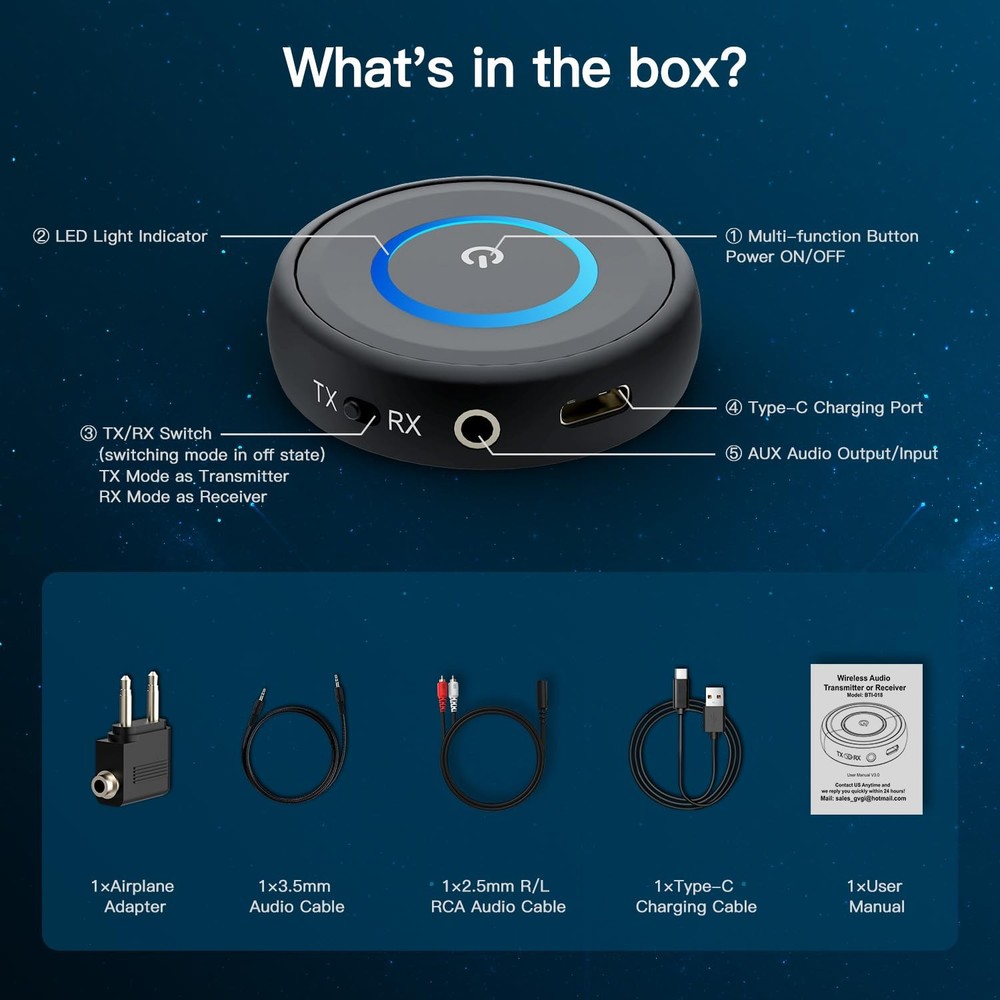 Bluetooth 5.3 Transmitter Receiver, 2-in-1 Wireless Transmitter Receiver for ...