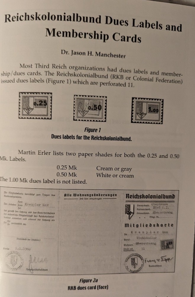 German Postal Specialist Jul 2007 DAPOSTA 1937 Reichskolonialbund Dues & Labels