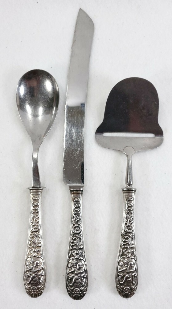 3 Antique Dutch .90 Silver Handled Repousse' Serving Pieces
