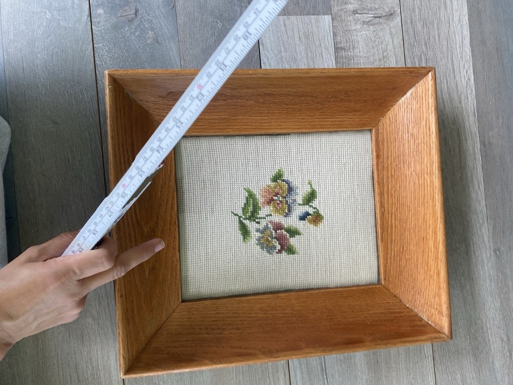 Vintage Needlepoint Canvas Flower Wooden Framed
