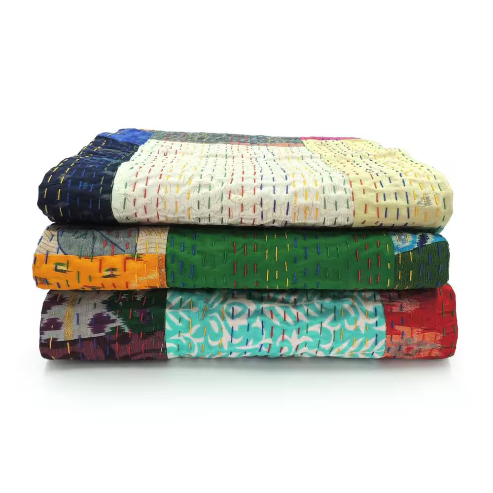 Faith Multicolored Patchwork Hand-Stitched All Natural Cotton Blend Throw Blanke