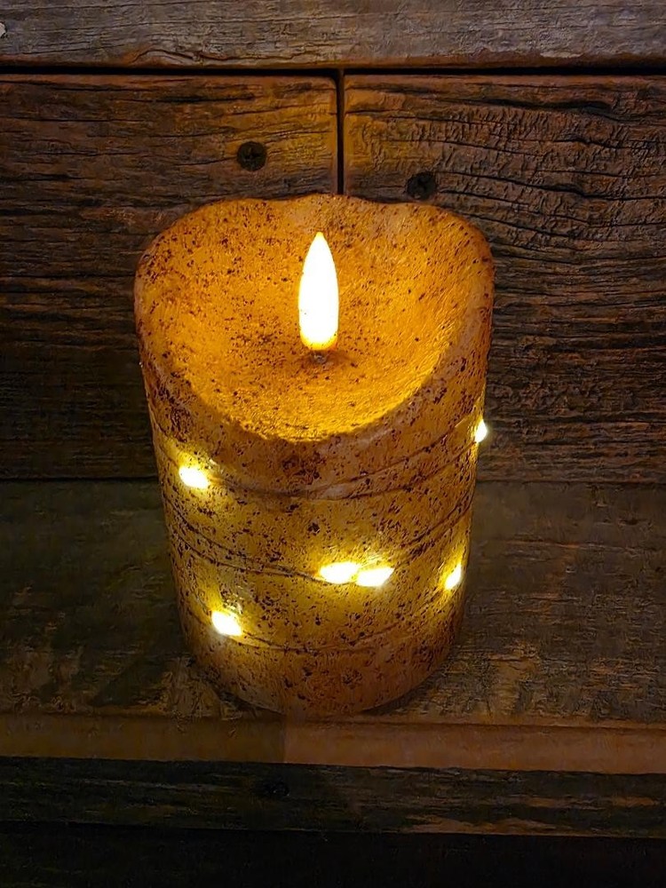 Rustic Primitive Textured Burnt Ivory Timer Pillar Candle Light 4" ~ Home Decor