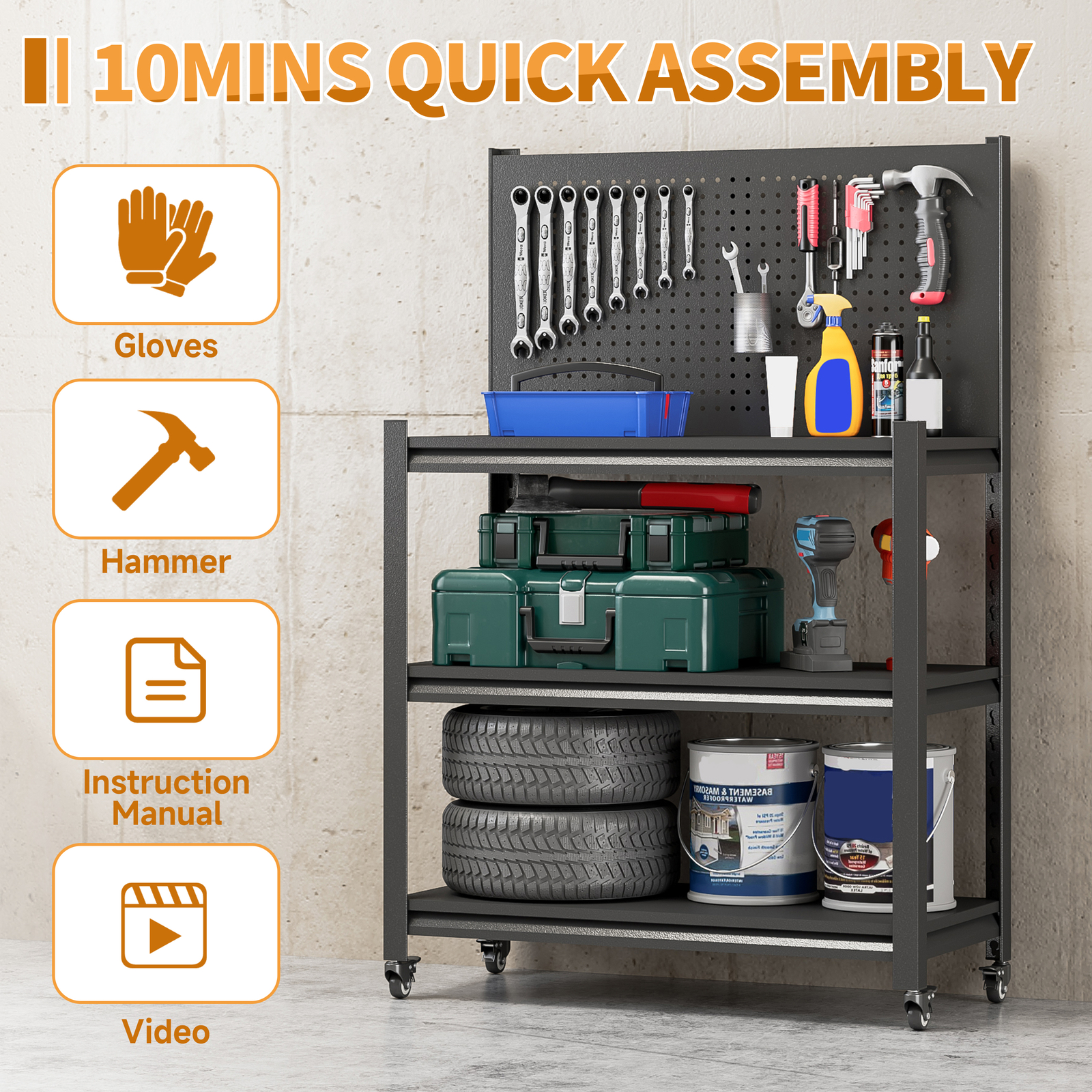 Garage Workbench Tool Storage Shelves w/Pegboard Metal Work Bench With 4 Wheels