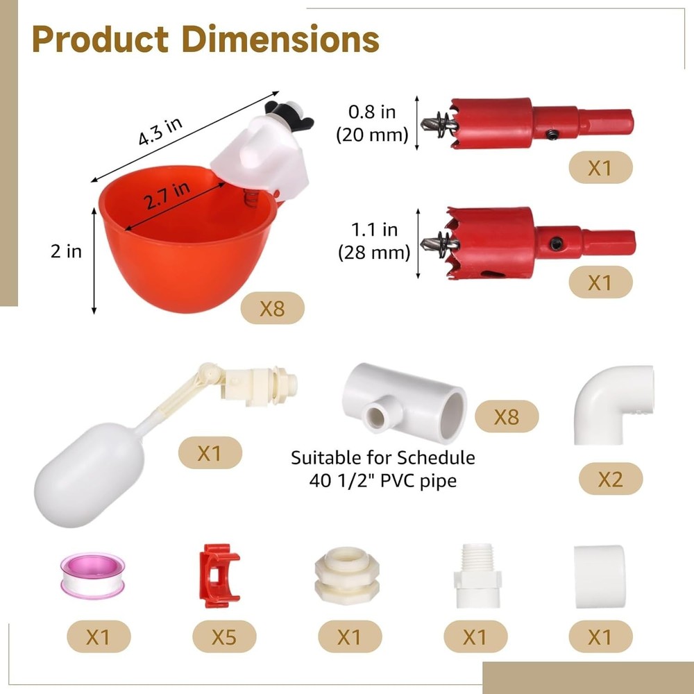 Automatic Chicken Waterer System - Complete PVC Pipelines Set with 8 Deep Drinki