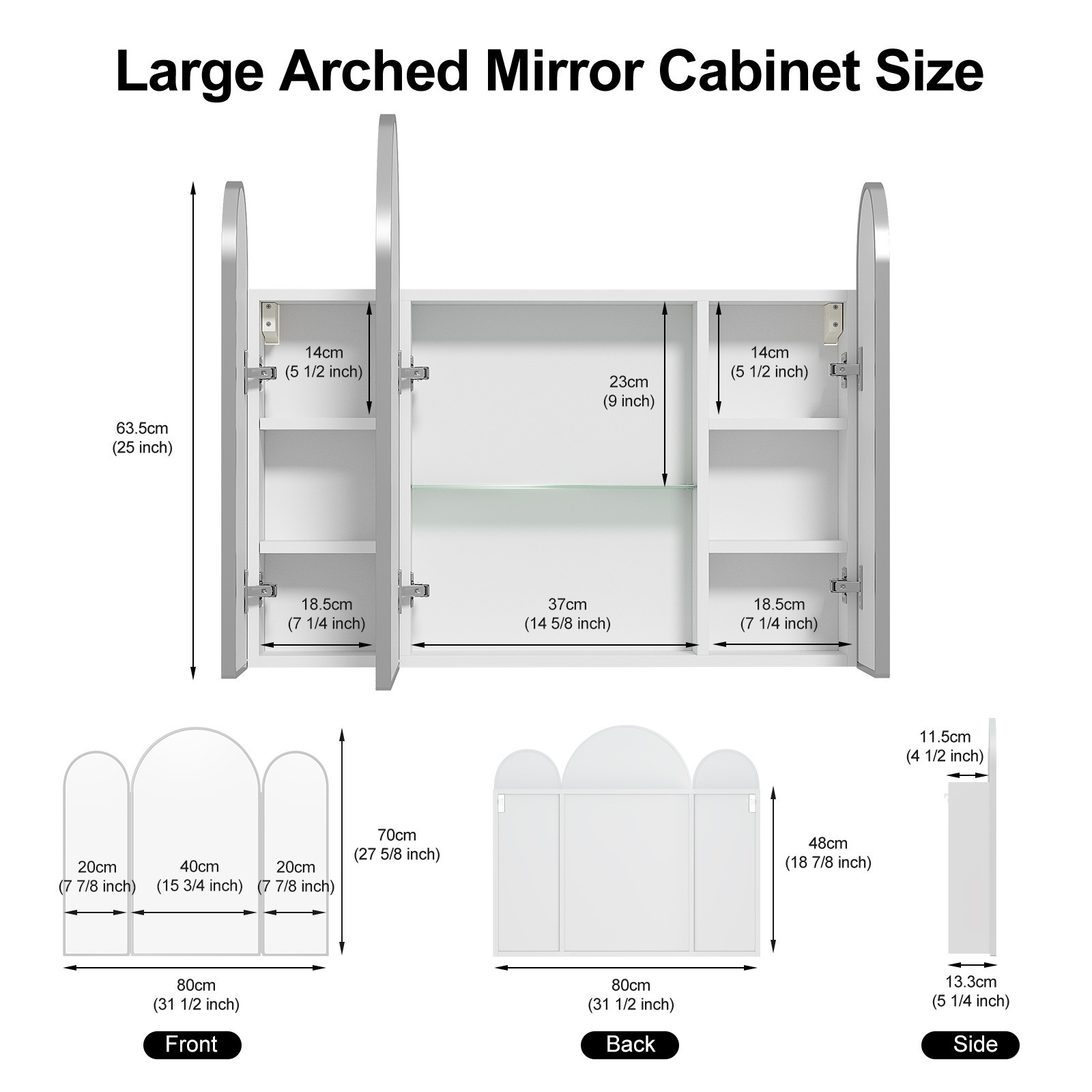 Triple Arch Medicine Cabinet 3 Doors Bathroom Mirror Cabinet with Trifold Mirror