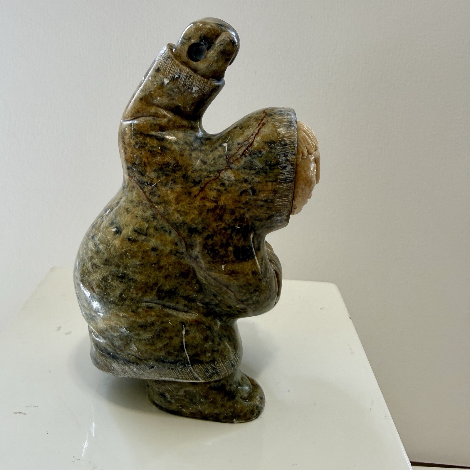 Eddie Lee Inuit Eskimo Spear Fisherman Signed 4.5" AlaskaHand Carved Soapstone