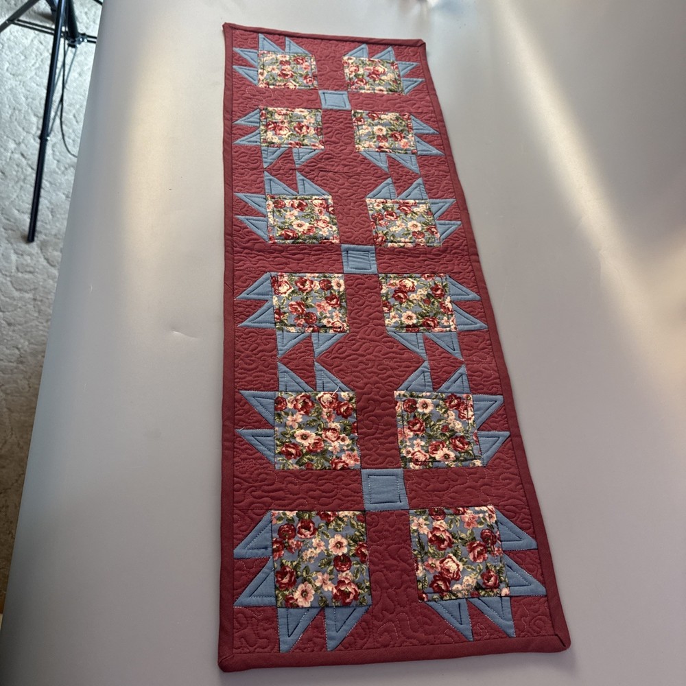 Quilt Wall Hanging Or Table Runner Patchwork Bear Claw Pink Blue