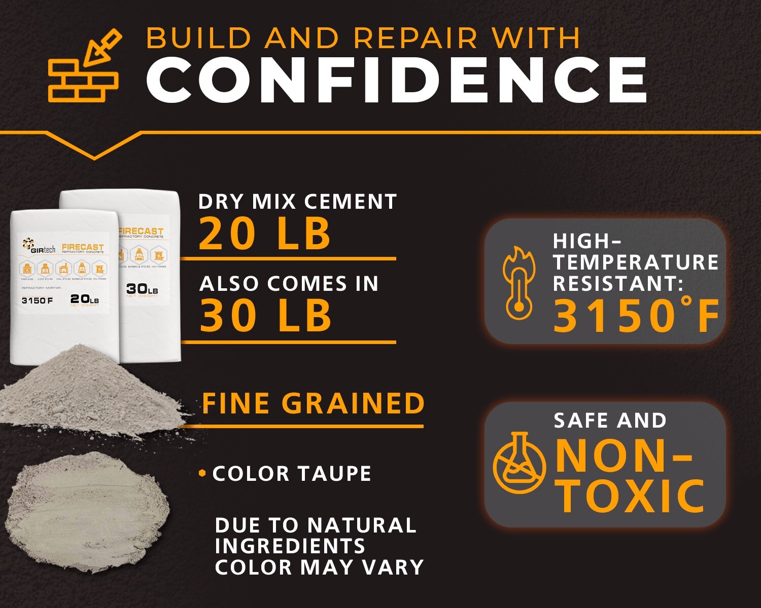 Girtech FireCast Castable Refractory Cement Mix 3110 Degree Fahrenheit 20 Lbs