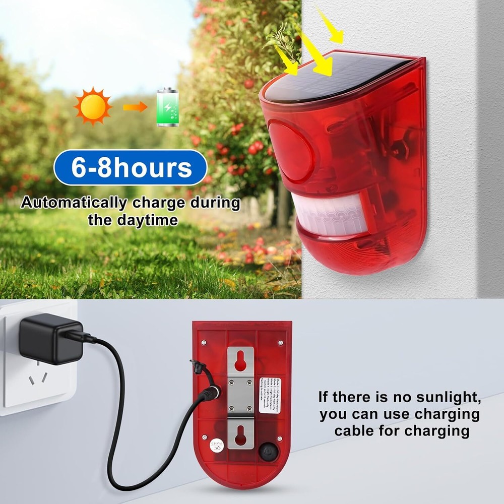 Alarma con Sensor de movimiento de poder solar: Alerta de voz + alarma + luz New
