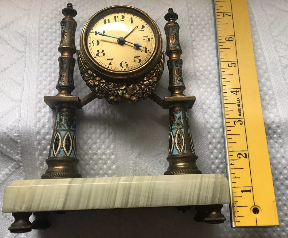 ANTIQUE FRENCH CHAMPLEVE ENAMEL CLOCK 8”