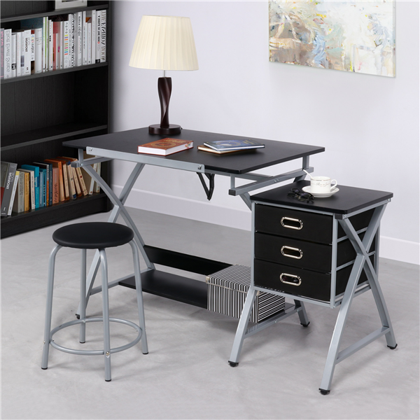 Adjustable Drafting Table Artist Desk Art Craft Drawing Desk w/ Storage & Stool
