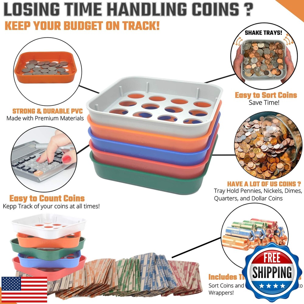 Coin Sorting Tray and Coin Separator- 5 Color-Coded Change Sorter Tray Bundle