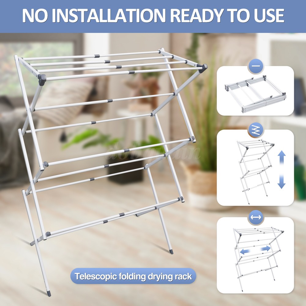 1 Clothing Laundry Dry Rack Telescopic Folding Drying Rack Space Saving White