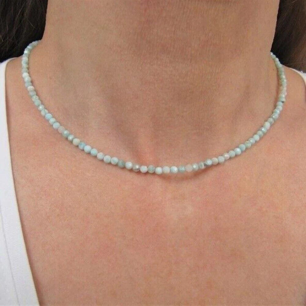 Natural Larimar 2mm Gemstone Beads Dainty Choker Minimalist Crystal Necklace