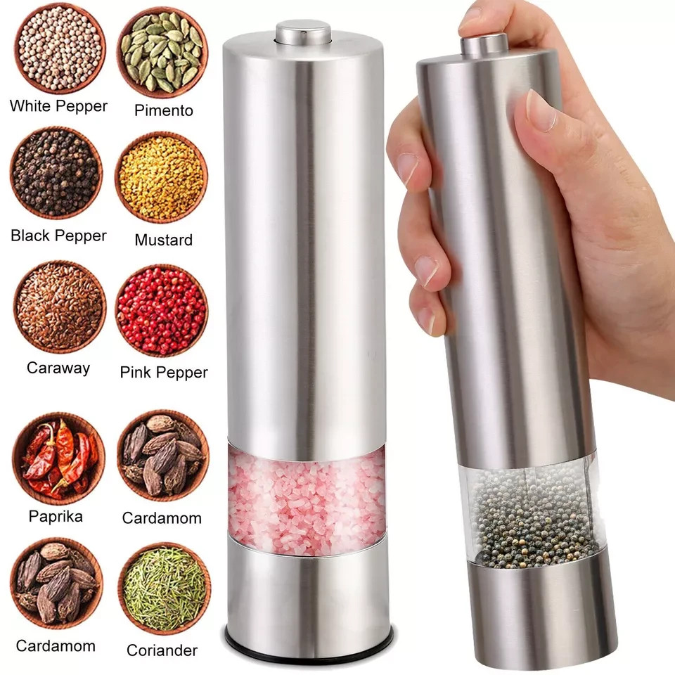 2pcs Electric Salt Pepper Grinder Mill Shakers Set Adjustable Stainless Steel