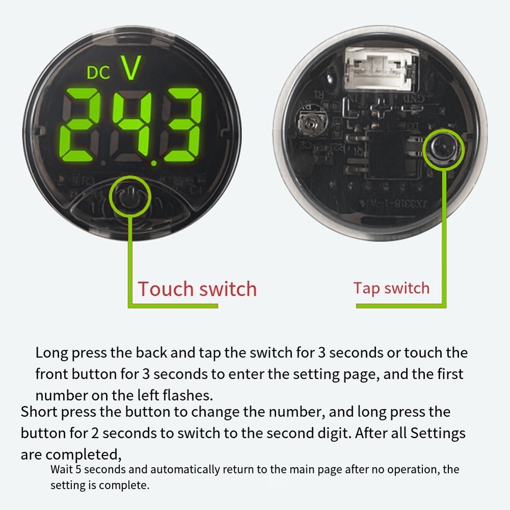 Round Digital Voltmeter with LED Display and Touch Operation for Batteries