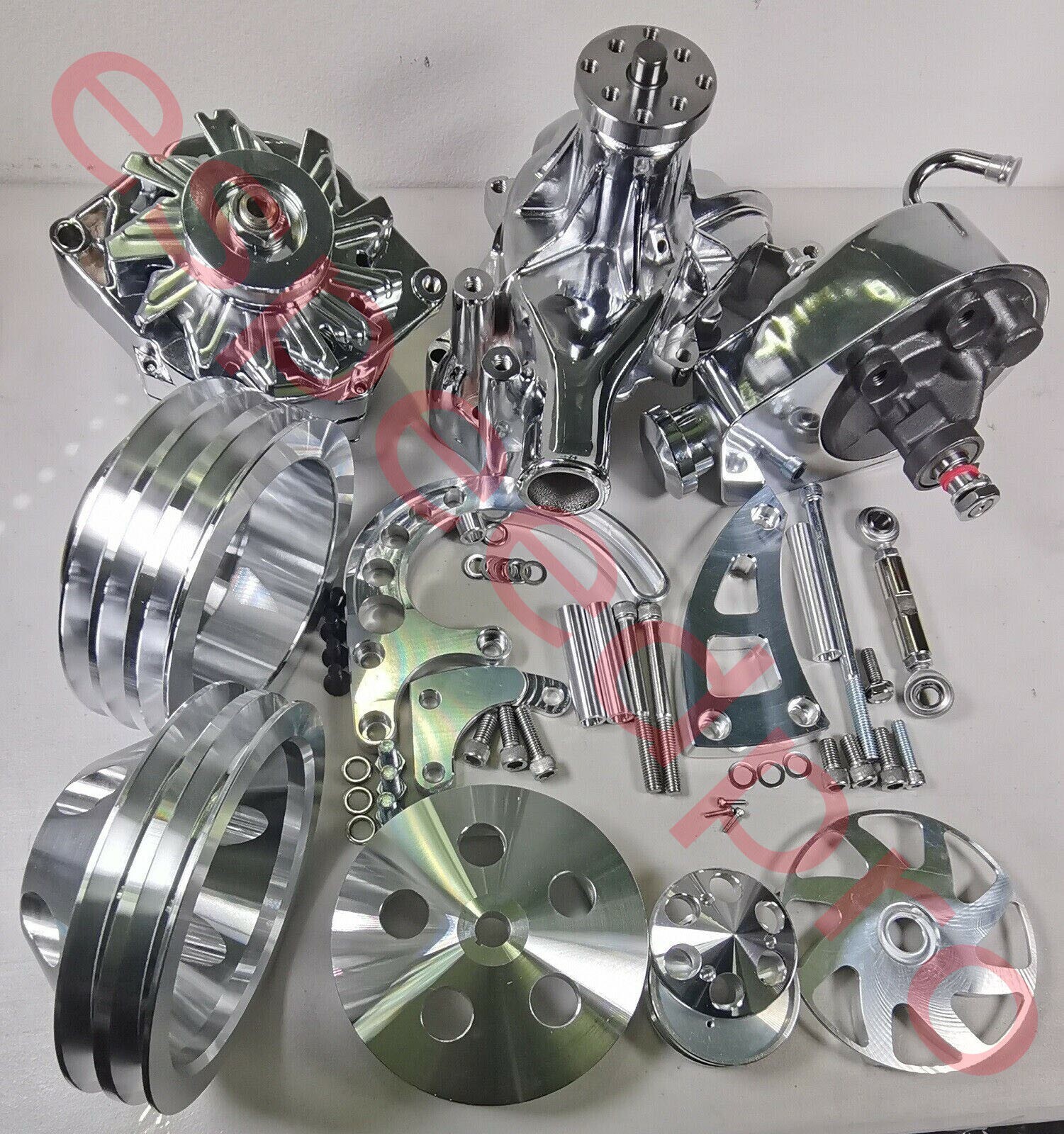 For SBC Chevy Pulley & Bracket Kit w/ Alternator Power Steering Long Water Pump